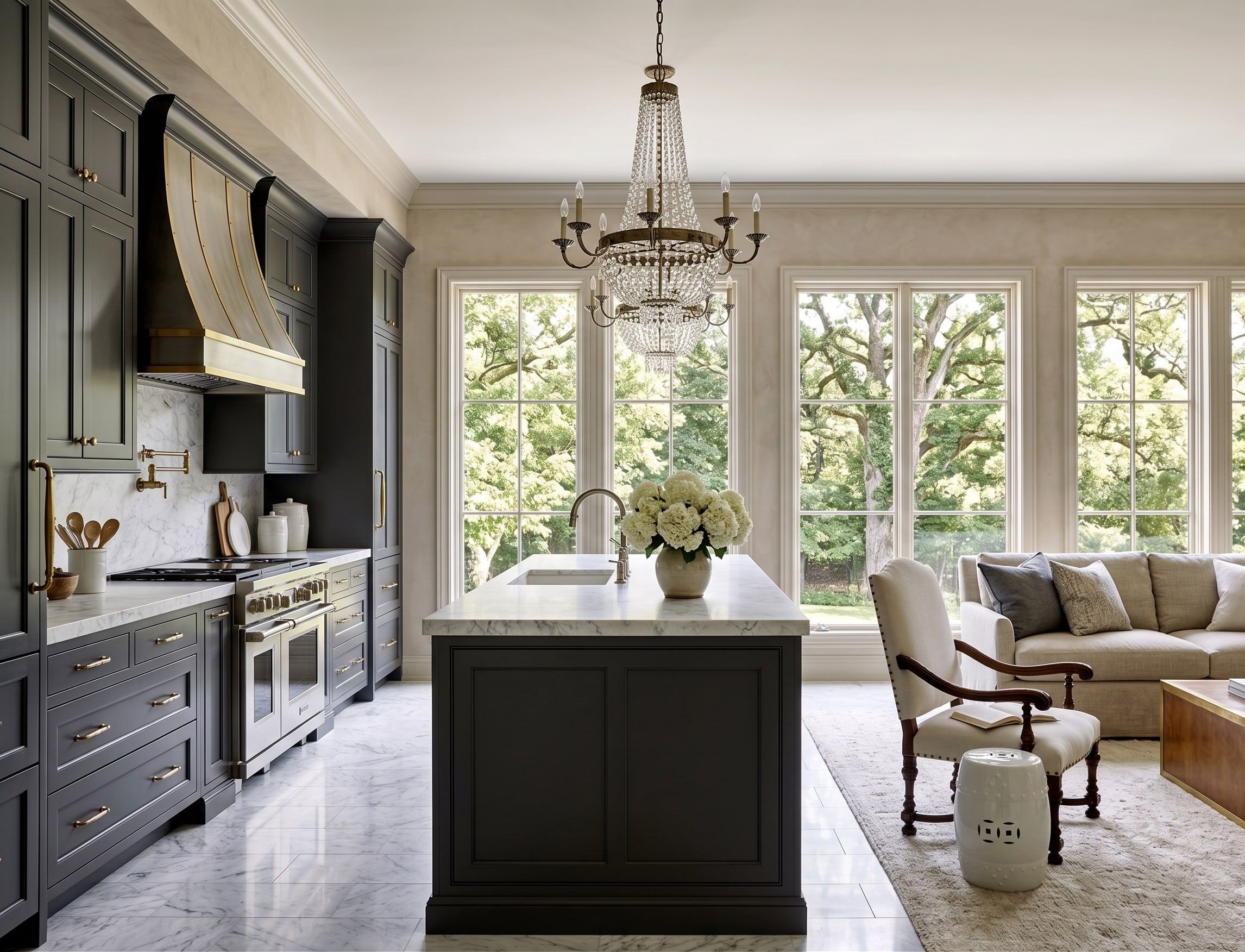 Chef's kitchen with a marble island and custom cabinetry, kitchen remodel