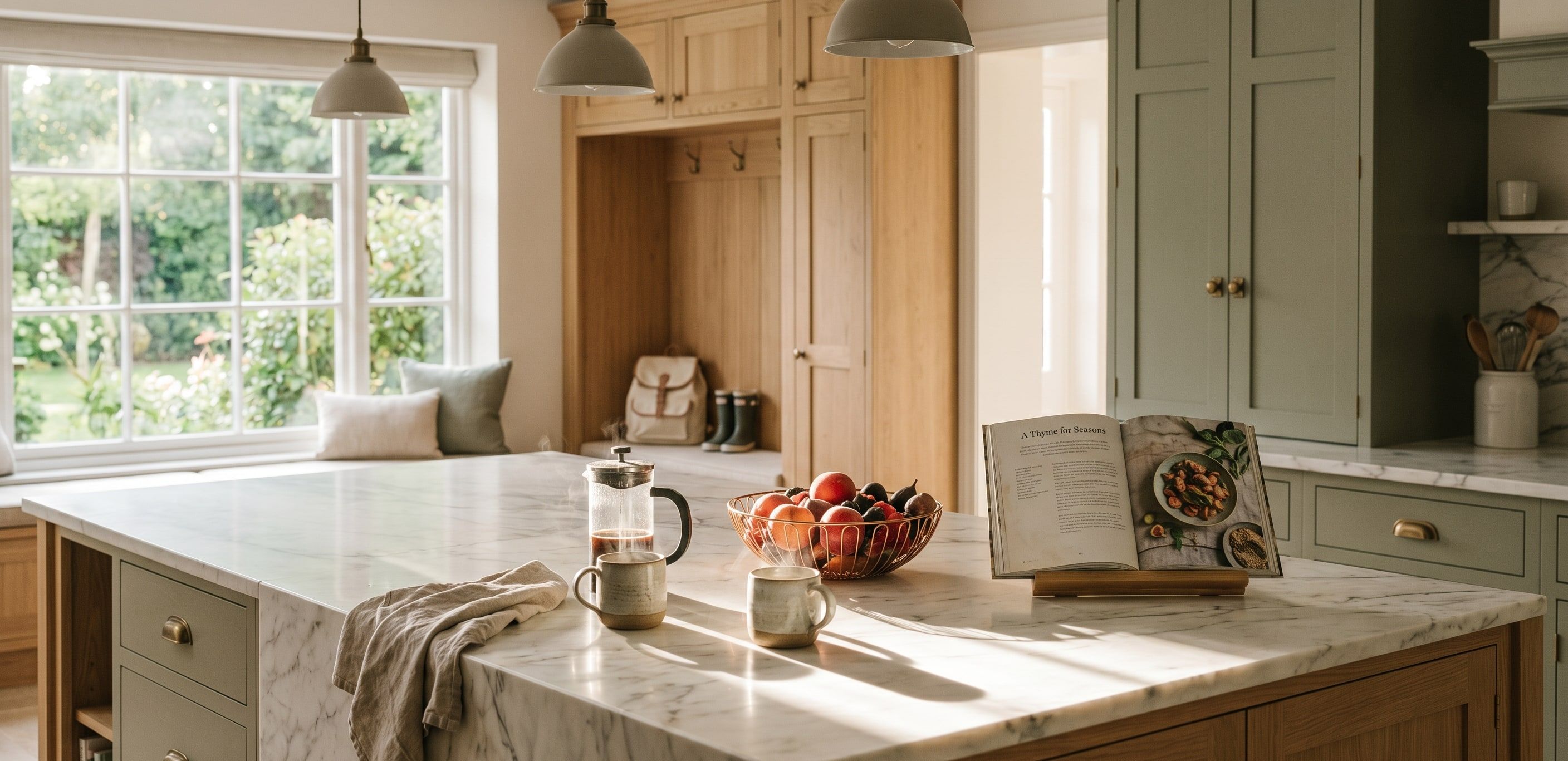 Classic kitchen with a marble island and a window seat, kitchen renovation