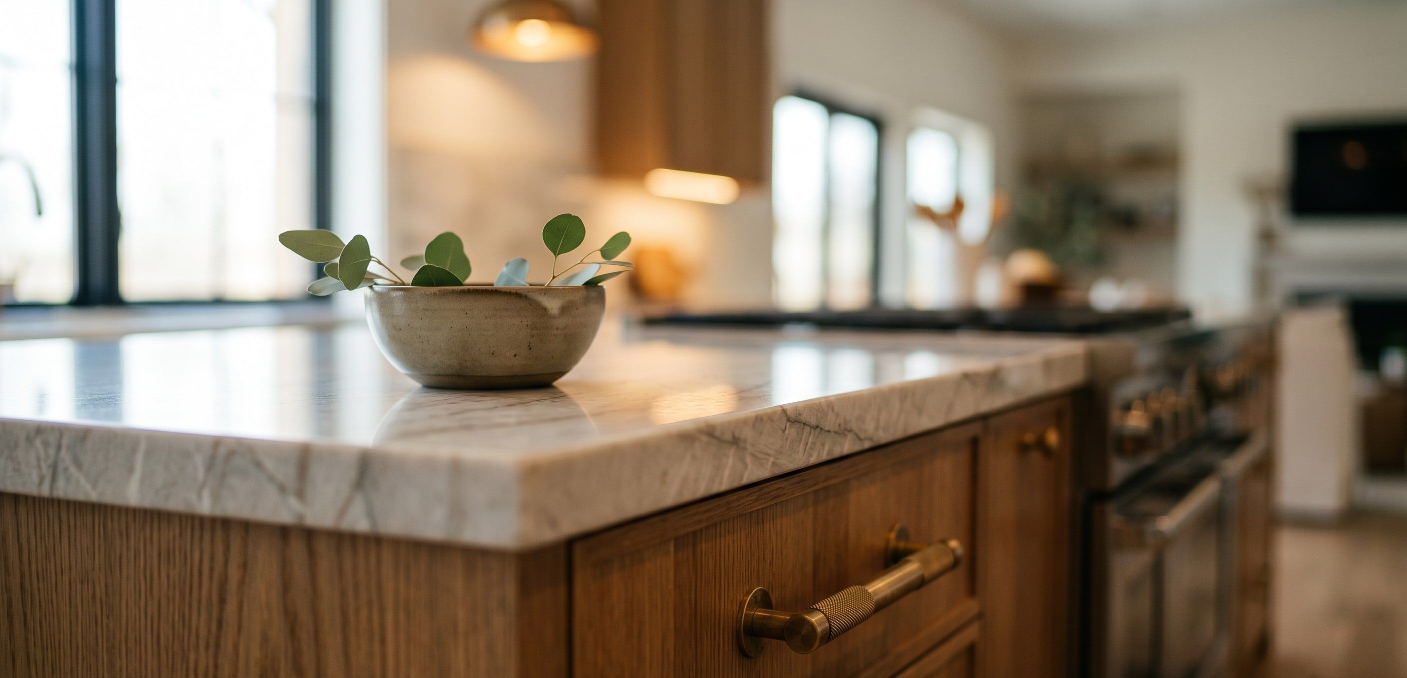 Custom kitchen island in marble and white oak, kitchen remodel