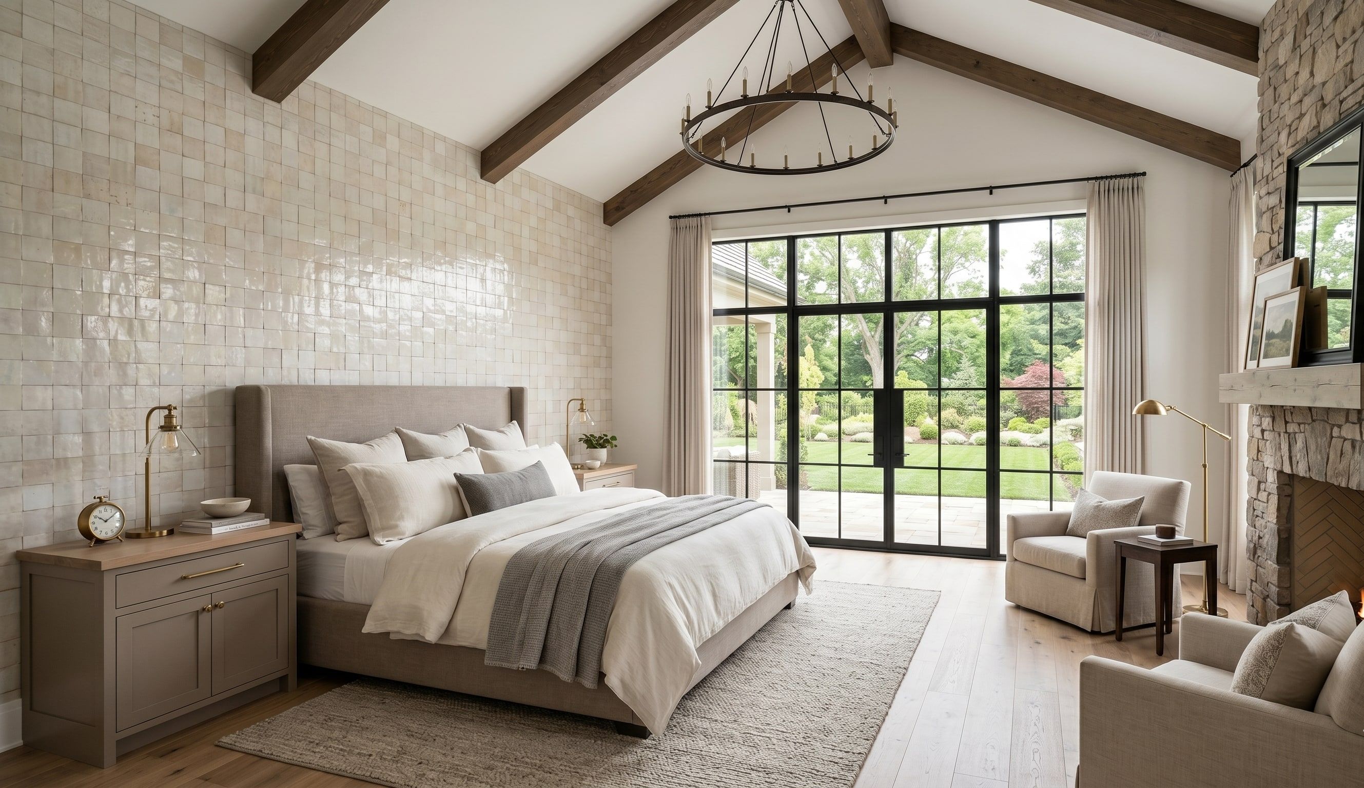 Primary bedroom suite with a vaulted beam ceiling and garden view
