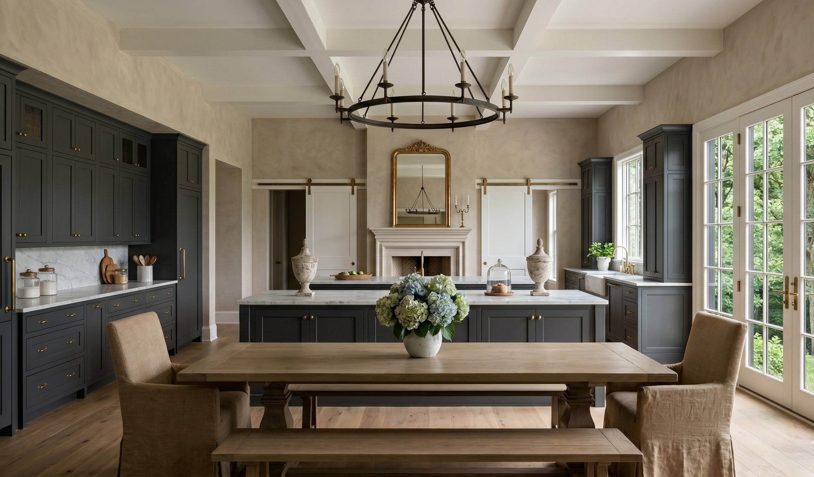 Dining room with custom cabinetry and a statement table, whole-home renovation